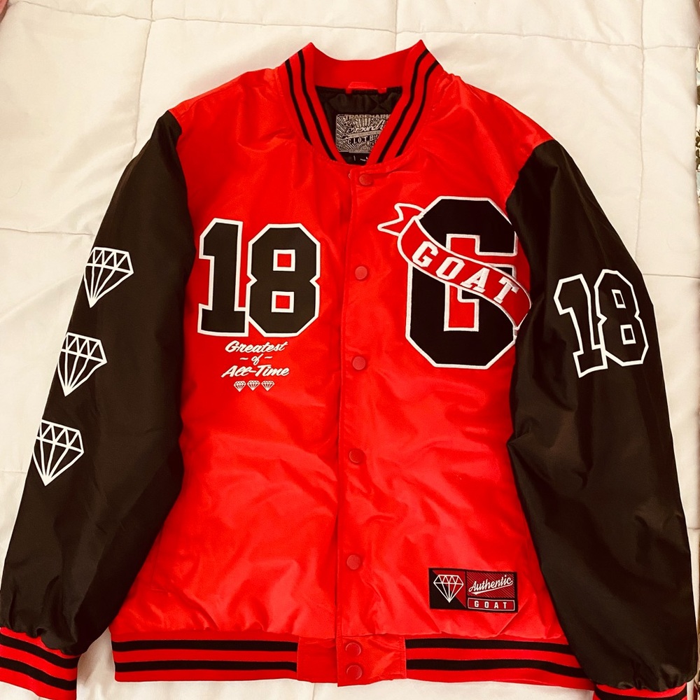 NWT Goat 18 Varsity Bomber Jacket Red Black "Greatest of All Time" Size L - Picture 3 of 8